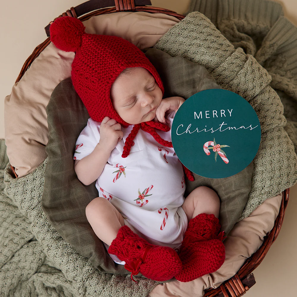 Red Merino Wool Bonnet & Booties - Image 3